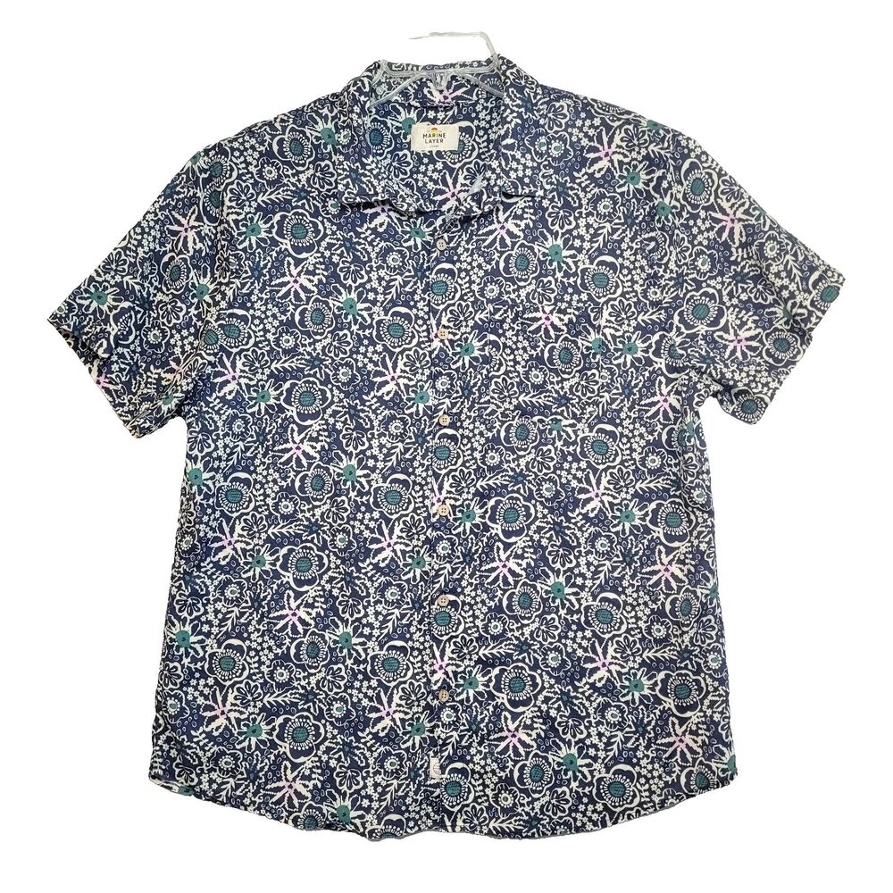 Marine Layer Shirt Mens Large Blue Floral Print Resort Button Up Lyocell Linen